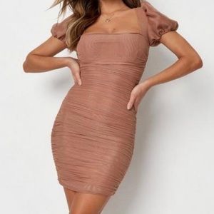 Missguided Taupe Mesh Ruched Puff Sleeve Dress NWT